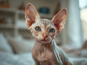 Sphynx kitten with large ears and blue eyes in a cozy indoor setting.