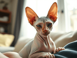 Sphynx cat with large ears and hairless skin in a cozy home setting.