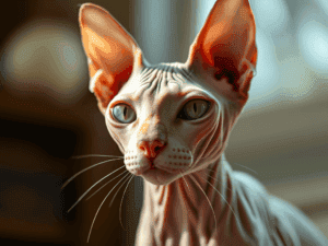 Sphynx cat with hairless skin and large ears, close-up portrait.
