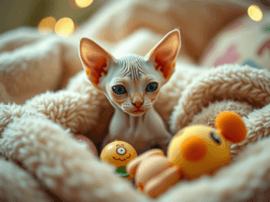 Sphynx kitten with toys in cozy blanket, adorable and hairless breed.