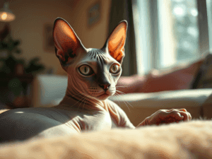 Sphynx cat relaxing indoors with large ears and smooth skin, natural light in background.