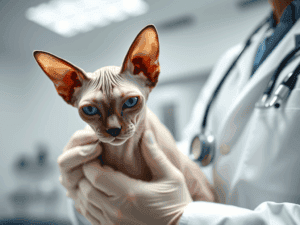 Sphynx kitten being examined by veterinarian in clinic.