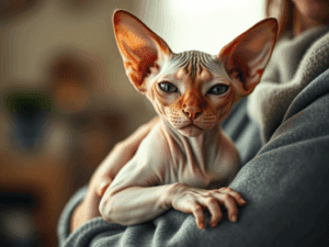 Sphynx cat with large ears and blue eyes, close-up portrait.