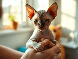 Sphynx cat being held, showcasing its hairless skin and large ears.