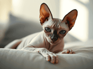 Sphynx cat lying on a bed, showcasing its hairless skin and large ears.