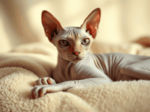 Sphynx cat lying on soft blanket, showcasing hairless skin and large ears.