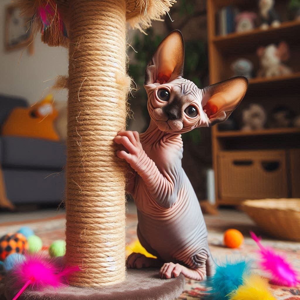 pet toys and scratching posts for sphynx cats