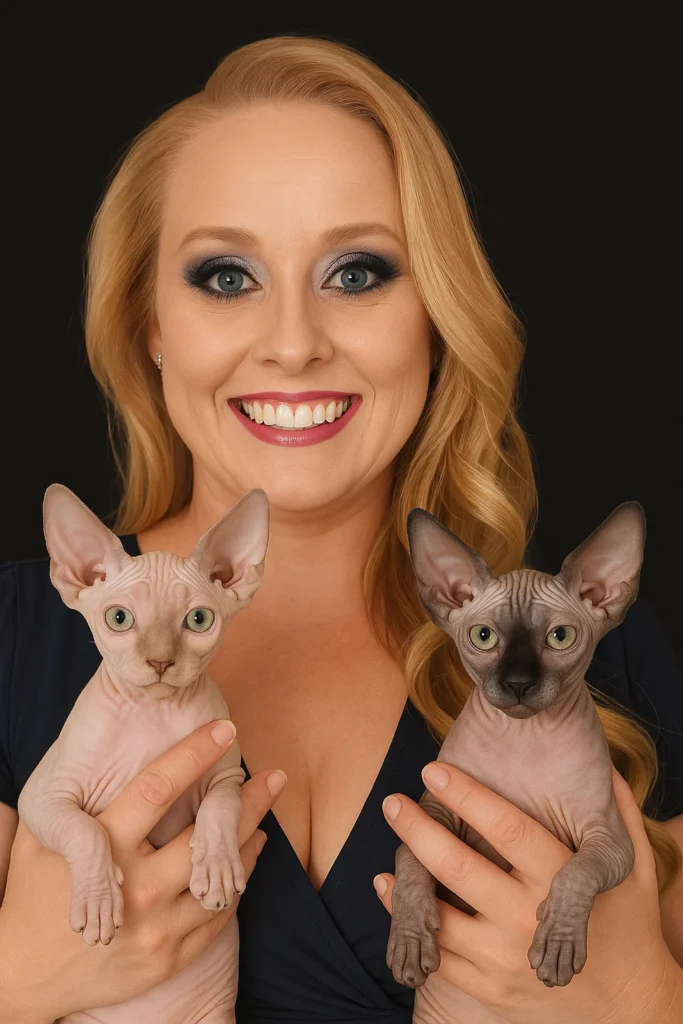 Ashley Long with 2 Sphynx cats for sale
